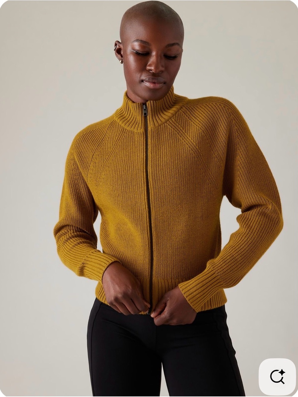 Athleta En Route Mustard Yellow Full-Zip sweater Knit Cardigan